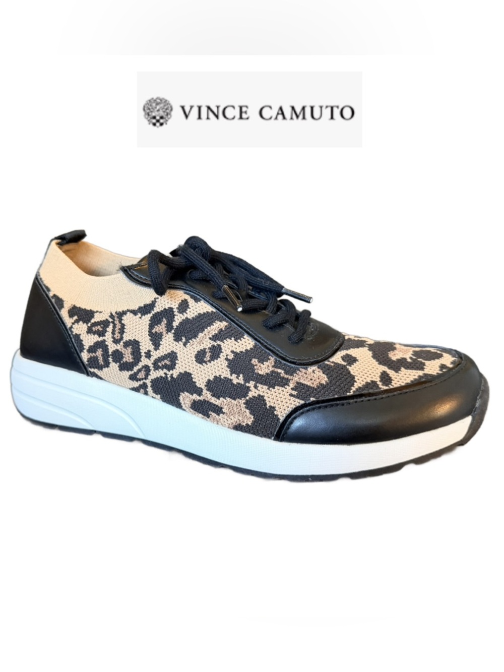 Vince Camuto Anellisa Black and Tan Leopard Knit Platform Sneaker